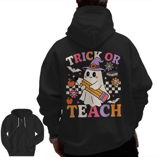 Retro Floral Ghost Trick Or Teach Groovy Teacher Halloween Men Zip Up Hoodie Back Print - teacherstshirts.com CA