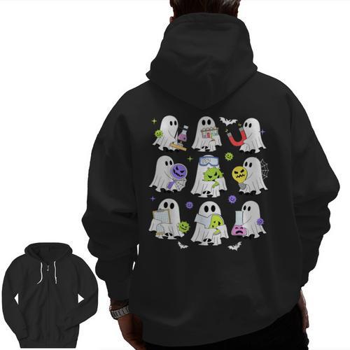 Retro Halloween Science Teacher Ghost Laboratory Teacher Men Zip Up Hoodie Back Print - teacherstshirts.com