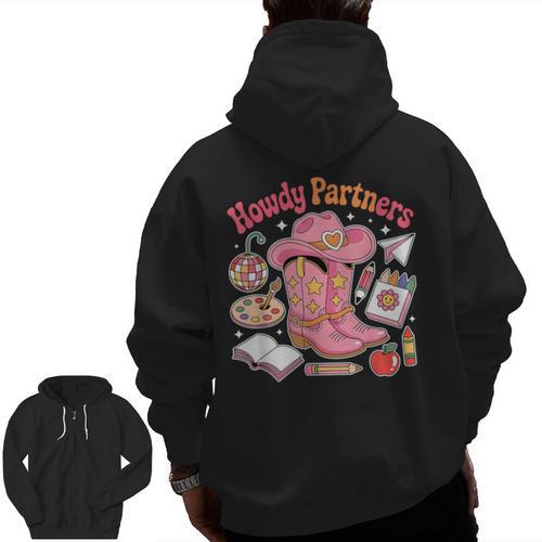 Retro Howdy Partners Cowgirl Cowboy Teacher Back To School Men Zip Up Hoodie Back Print - teacherstshirts.com