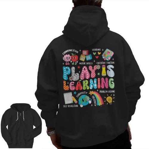 Retro Play Is Learning Kindergarten Teacher Team Women Men Zip Up Hoodie Back Print - teacherstshirts.com UK