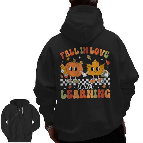 Retro Pumpkin Fall In Love With Learning Autumn Teacher Men Zip Up Hoodie Back Print - teacherstshirts.com AU