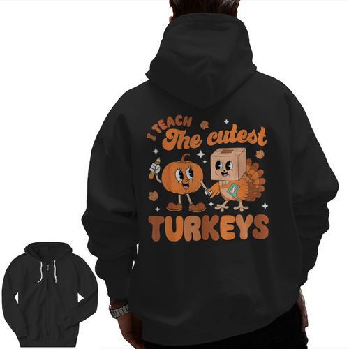 Retro I Teach The Cutest Turkey Thanksgiving Pumpkin Teacher Men Zip Up Hoodie Back Print - teacherstshirts.com UK