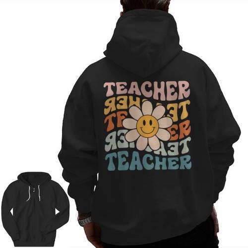 Retro Teacher Daisy Colorful Elementary School Teacher Men Zip Up Hoodie Back Print - teacherstshirts.com