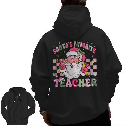 Santa's Favorite Teacher Groovy Christmas Teacher Boys Girls Men Zip Up Hoodie Back Print - teacherstshirts.com DE