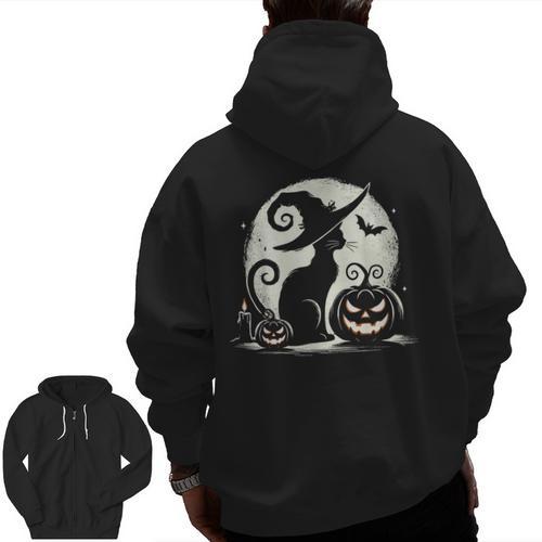 Scary Halloween Cat Costume Retro Cat Moon For Men Women Kids Men Zip Up Hoodie Back Print - Bostonterriersmerch.com CA