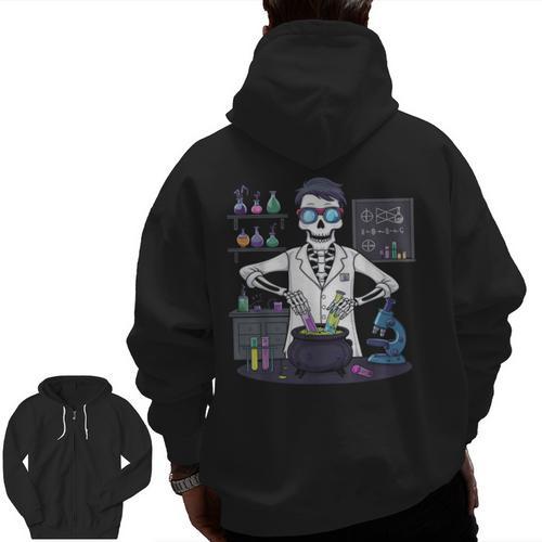 Science Teacher Halloween Skeleton Scientist Chemistry Men Zip Up Hoodie Back Print - teacherstshirts.com