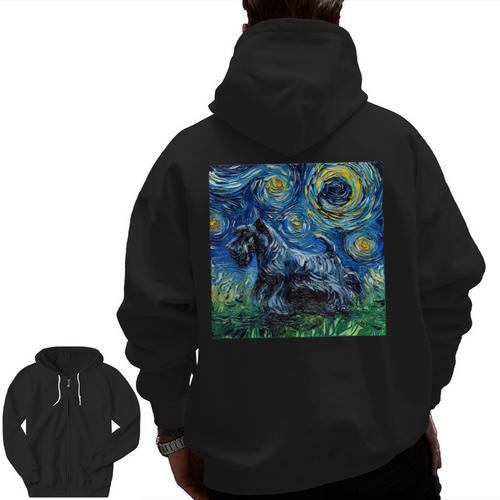 Scottish Terrier Starry Night Scotty Dog Art By Aja Men Zip Up Hoodie Back Print - Bostonterriersmerch.com