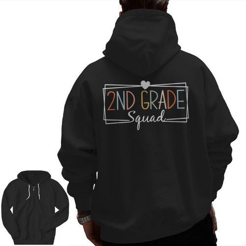 Second Grade Squad Teachers Kids 2nd Grade Back To School Men Zip Up Hoodie Back Print - teacherstshirts.com AU