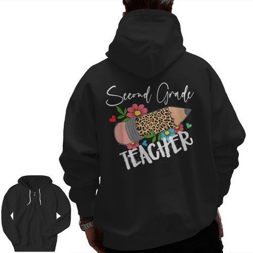 Second Grade Teacher Leopard Pencil 2nd Grade Women Teacher Men Zip Up Hoodie Back Print - teacherstshirts.com AU