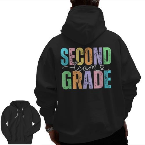Second Grade Team Heart Teacher Student Back To School Girls Men Zip Up Hoodie Back Print - teacherstshirts.com
