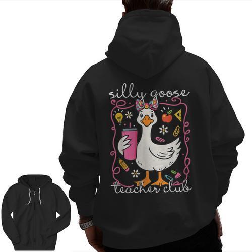 Silly Goose Teacher Club Animal Lover Groovy Teacher Men Zip Up Hoodie Back Print - teacherstshirts.com AU
