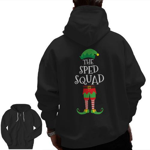 SPED Squad Elf Teacher Matching Christmas Party Pajama Men Zip Up Hoodie Back Print - teacherstshirts.com UK
