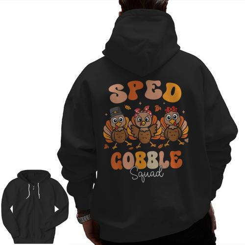 Sped Teacher Gobble Squad Thanksgiving Special Education Men Zip Up Hoodie Back Print - teacherstshirts.com AU