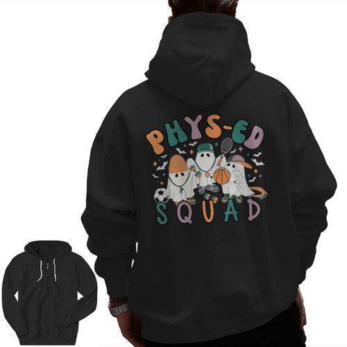 Spooky Ghost PE Teacher Squad Physical Education Halloween Men Zip Up Hoodie Back Print - teacherstshirts.com DE