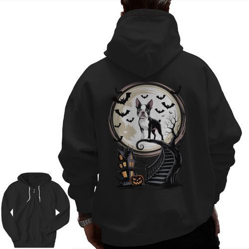 Spooky Halloween Moon Boston Terrier Boston Bull Bostie Men Zip Up Hoodie Back Print - Bostonterriersmerch.com
