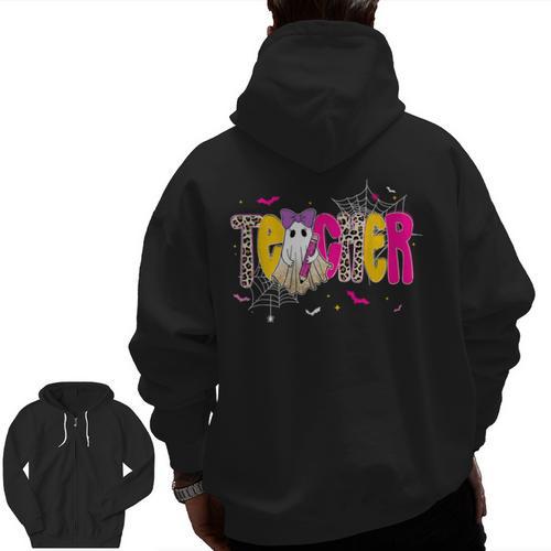 Spooky Halloween Teacher Para Counselor SPED Preppy Boo Kids Men Zip Up Hoodie Back Print - teacherstshirts.com