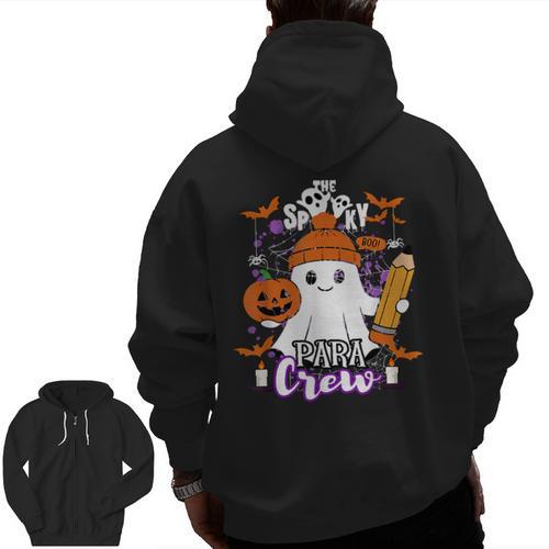 Spooky Para Crew Ghost Halloween Paraprofessional Teacher Men Zip Up Hoodie Back Print - teacherstshirts.com DE