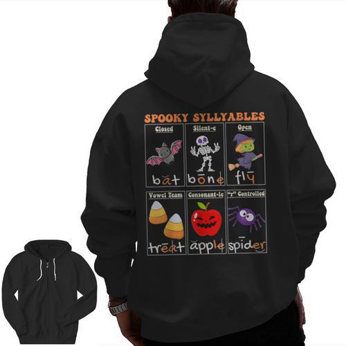 Spooky Syllables Halloween Teacher Student Education Men Zip Up Hoodie Back Print - teacherstshirts.com UK