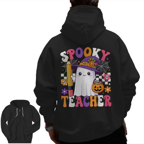 Spooky Teacher Ghost Pencil Teach Halloween Teacher Men Zip Up Hoodie Back Print - teacherstshirts.com