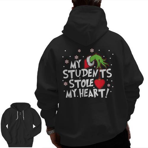 My Students Stole My Heart School Teacher Christmas Men Women Kids Men Zip Up Hoodie Back Print - teacherstshirts.com UK