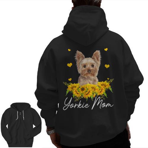 Sunflower Yorkie Mom Dog Lover Men Zip Up Hoodie Back Print - Bostonterriersmerch.com