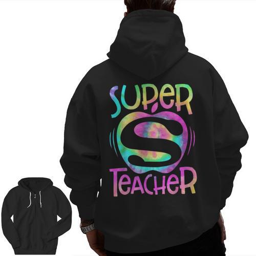 Super Teacher Back To School Apple Tie Dye First Day Men Zip Up Hoodie Back Print - teacherstshirts.com