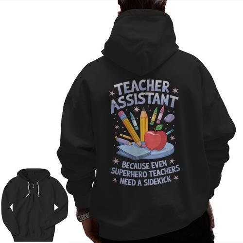 Superhero Sidekick Teaching Teach School Teacher Assistant Men Zip Up Hoodie Back Print - teacherstshirts.com UK