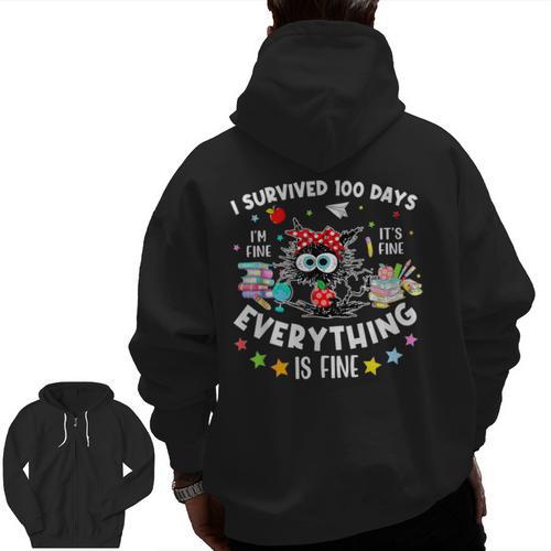 I Survived 100 Days Of School Teacher Kids Cat Lover Men Zip Up Hoodie Back Print - teacherstshirts.com AU
