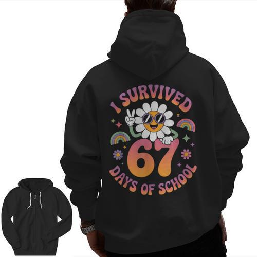 I Survived 67 Days Of School Groovy Retro Teachers Girls Men Zip Up Hoodie Back Print - teacherstshirts.com CA