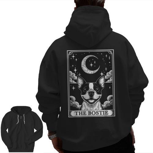 Tarot Card Vintage Crescent Moon Boston Terrier Dog Mom Men Zip Up Hoodie Back Print - Bostonterriersmerch.com