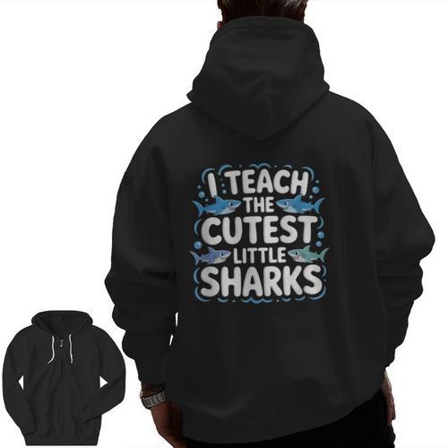 I Teach The Cutest Little Sharks Teacher School Men Zip Up Hoodie Back Print - teacherstshirts.com UK
