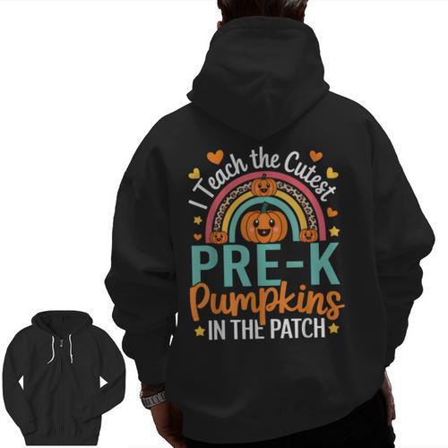 I Teach The Cutest Pre-K Pumpkin Teacher Student Halloween Men Zip Up Hoodie Back Print - teacherstshirts.com CA