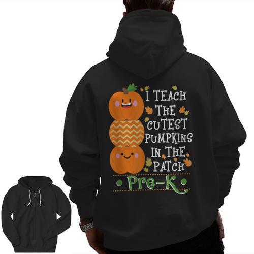 I Teach The Cutest Pumpkins In Patch Pre-K Halloween Teacher Men Zip Up Hoodie Back Print - teacherstshirts.com AU