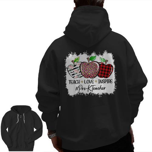 Teach Love Inspire Pre-k Teacher Apple Leopard Red Plain Men Zip Up Hoodie Back Print - teacherstshirts.com CA