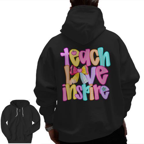 Teach Love Inspire Preppy Back To School Teacher Women Men Zip Up Hoodie Back Print - teacherstshirts.com DE