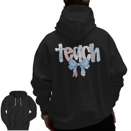 Teach Teacher Coquette Bow Pencil Back To School First Day Men Zip Up Hoodie Back Print - teacherstshirts.com