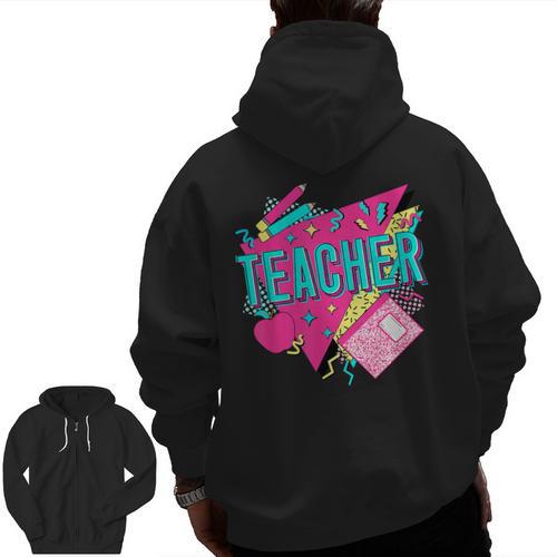Teacher 90s Retro Colorful Teacher Of The 90s Back To School Men Zip Up Hoodie Back Print - teacherstshirts.com UK