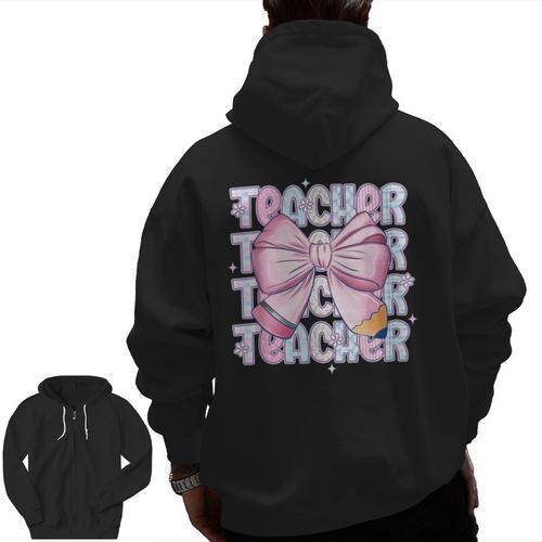 Teacher Bow Pencil Flowers Teacher Back To School Men Zip Up Hoodie Back Print - teacherstshirts.com UK