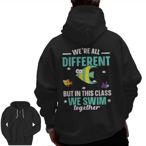 Teacher We All Different But In This Class We Swim Together Men Zip Up Hoodie Back Print - teacherstshirts.com CA