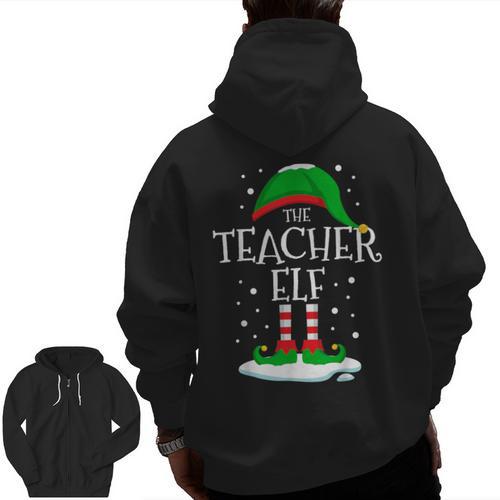 The Teacher Elf Christmas Family Matching Xmas Group For Men Women Men Zip Up Hoodie Back Print - teacherstshirts.com AU