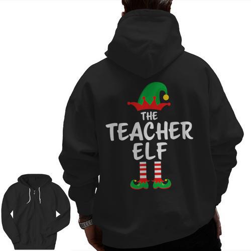 The Teacher Elf Matching Family Christmas Men Zip Up Hoodie Back Print - teacherstshirts.com AU