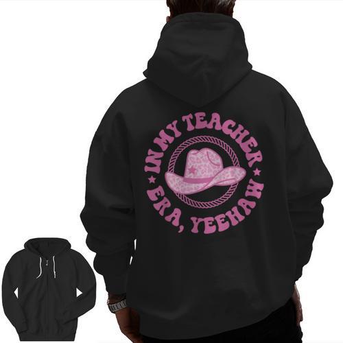 In My Teacher Era Yeehaw Pink Teacher Western Cowgirl Men Zip Up Hoodie Back Print - teacherstshirts.com UK