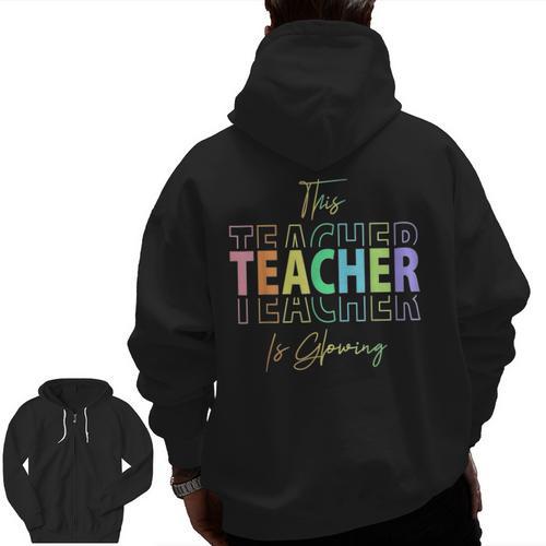 This Teacher Is Glowing Hello Summer End Of School Men Zip Up Hoodie Back Print - teacherstshirts.com AU