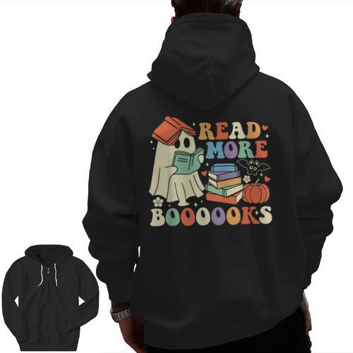 Teacher Halloween Cute Booooks Ghost Read More Books Men Zip Up Hoodie Back Print - teacherstshirts.com CA