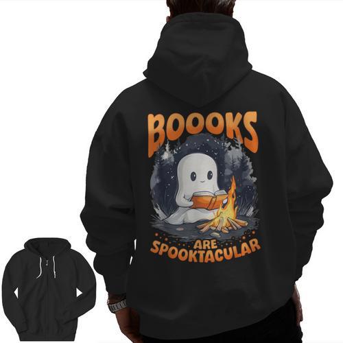 Teacher Halloween Ghost Reading Book Animal Boooks Are Men Zip Up Hoodie Back Print - teacherstshirts.com