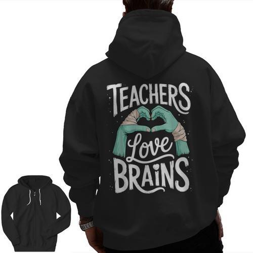 Teacher Halloween Shirt Women Men Teachers Love Brains Men Zip Up Hoodie Back Print - teacherstshirts.com DE
