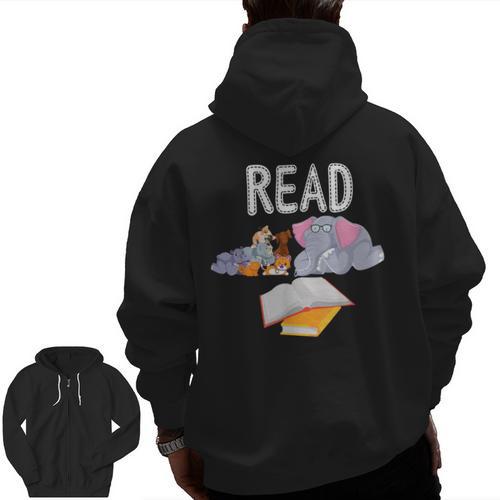 Teacher Library Read Book Club Piggie Elephant Pigeons Men Women Kids Men Zip Up Hoodie Back Print - teacherstshirts.com