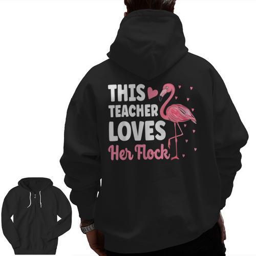 This Teacher Loves Her Flock Teaching Flamingo Girl Men Zip Up Hoodie Back Print - teacherstshirts.com UK