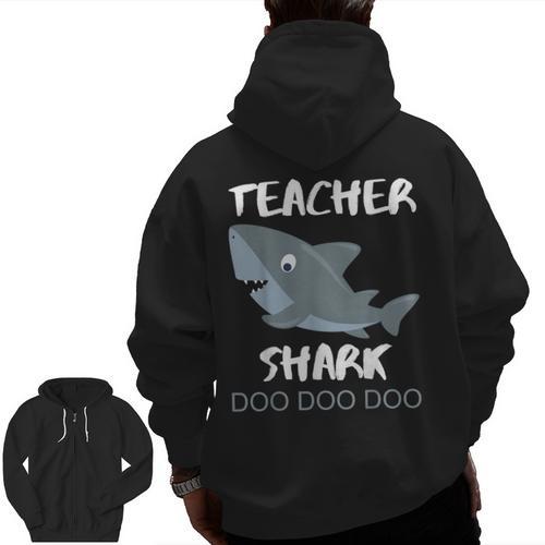 Teacher Shark Shirt Christmas Idea For Him Her Men Zip Up Hoodie Back Print - teacherstshirts.com UK