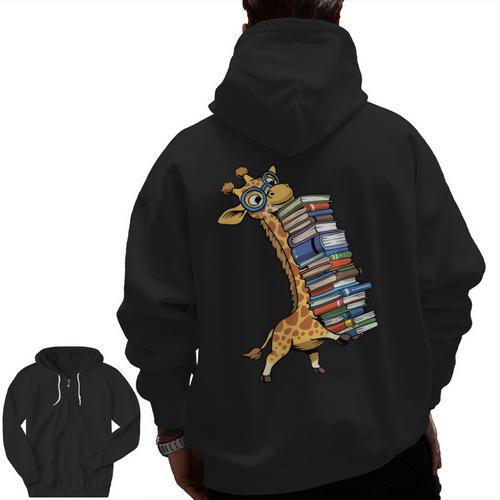Teacher Shirt Giraffe Holding Books Bookworm Librarian Men Zip Up Hoodie Back Print - teacherstshirts.com
